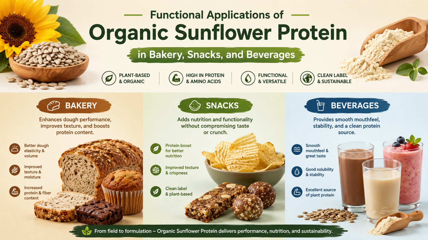 Functional Applications Of Organic Sunflower Protein Concentrate In Bakery, Snacks, And Beverages Functional Applications Of Organic Sunflower Protein Concentrate In Bakery, Snacks, And Beverages