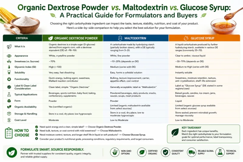 Organic Dextrose Powder vs. Maltodextrin vs. Glucose Syrup: A Practical Selection and Procurement Guide for Formulators and Buyers Organic Dextrose Powder vs. Maltodextrin vs. Glucose Syrup A Practical Guide for Formulators and Buyers