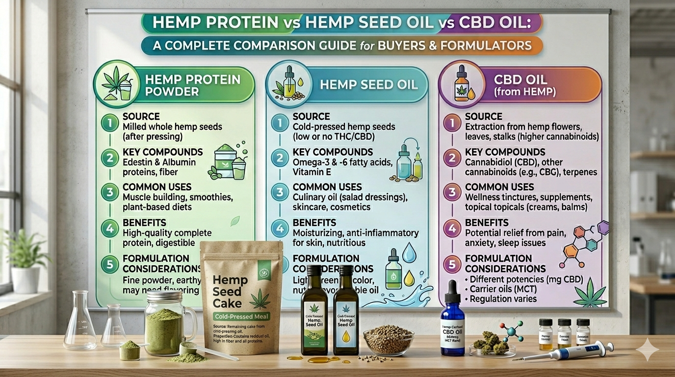Hemp Protein vs Hemp Seed Oil vs CBD Oil: A Complete Comparison Guide for Buyers & Formulators Hemp Protein vs Hemp Seed Oil vs CBD Oil A Complete Comparison Guide for Buyers & Formulators